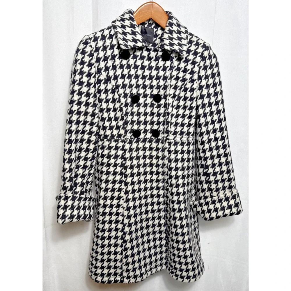 Y2K Express Wool Houndstooth Pea Coat Womens Small EUC Baby Doll Style Outerwear - Picture 8 of 12